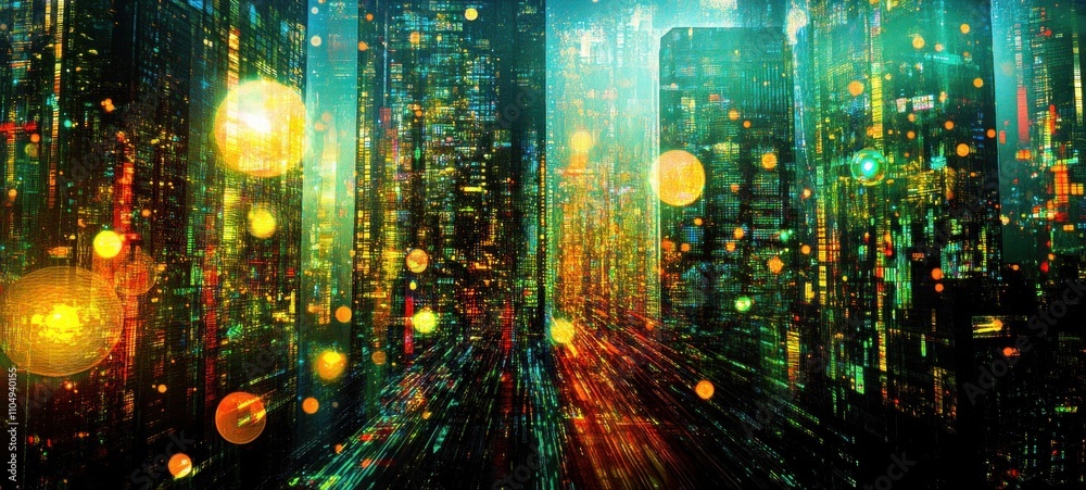 Cyberpunk Cityscape: Neon Lights and Digital Rain Cyberpunk Cityscape: Neon Lights and Digital Rain