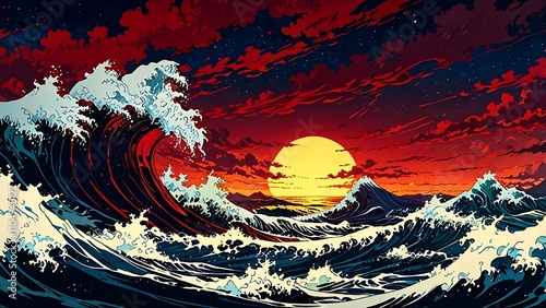 Japanese great wave sea Japan art design in a vintage  style