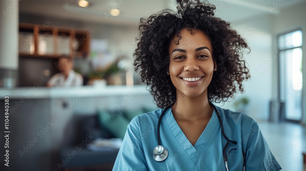 A smiling woman in a blue medical uniform looks at the camera. A smiling woman in a blue medical uniform looks at the camera.