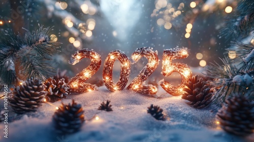 Festive new year's eve 2025 celebration with luminous 2025 sign, candles, and christmas tree, creating a cozy and joyful atmosphere for welcoming the new year photo