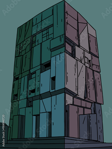 Stacked geometric blocks forming a modern abstract building facade. The facade features green and blue tones, creating a bold and layered design.