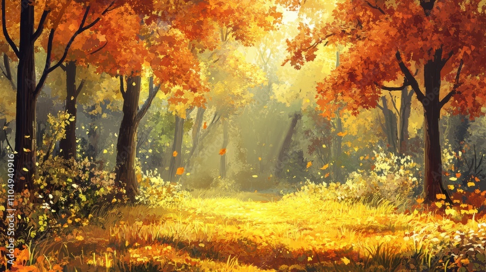 Fototapeta premium Peaceful autumn forest with bright, colorful leaves
