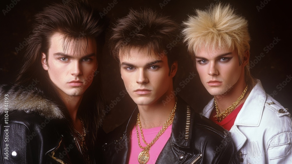 Three young men posing photo They are all Glam rock band portrait