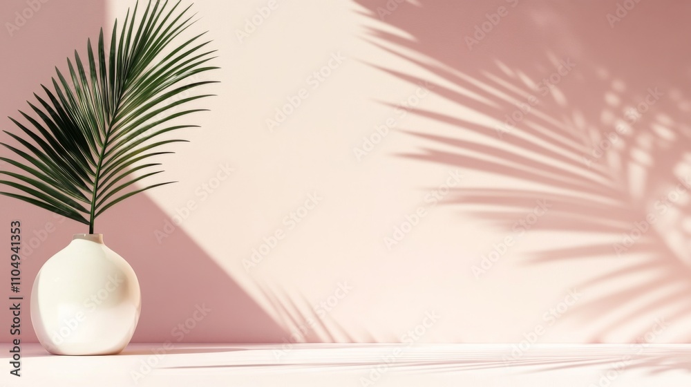 White vase green palm leaf left side is Blurred shadow from White vase green palm leaf left side is Blurred shadow from