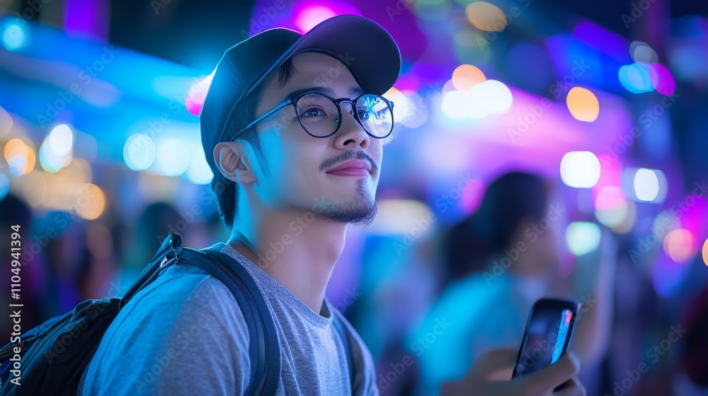 Young Man Enjoys Vibrant Nightlife in Urban Environment Young Man Enjoys Vibrant Nightlife in Urban Environment
