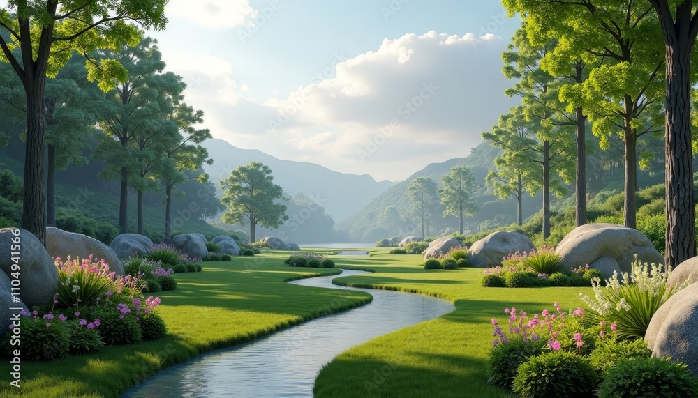 Scenic garden with winding path and boulders Scenic garden with winding path and boulders