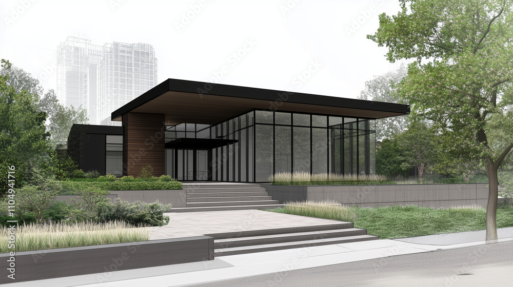 Modern House with Glass Panels and Minimalist Landscaping Modern House with Glass Panels and Minimalist Landscaping