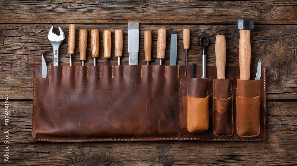 Carpenter s toolkit in a leather bag, neatly organized against a rustic backdrop, professional craftsmanship essentials Carpenter s toolkit in a leather bag, neatly organized against a rustic backdrop, professional craftsmanship essentials