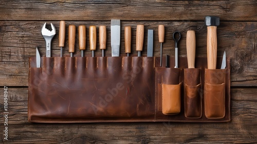 Carpenter s toolkit in a leather bag, neatly organized against a rustic backdrop, professional craftsmanship essentials photo