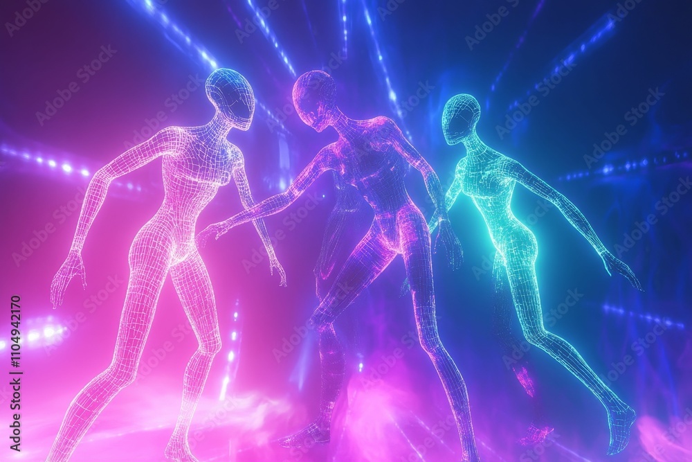 Neon-lit wireframe figures dance in vibrant fog. Neon-lit wireframe figures dance in vibrant fog.