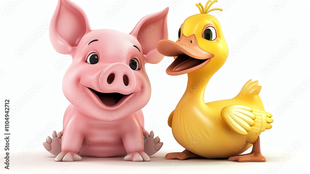 A cartoon pig and duck stand next to each other. A cartoon pig and duck stand next to each other.