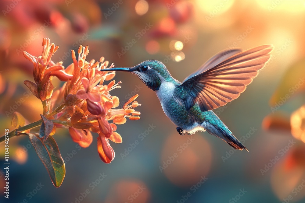 Obraz premium A hummingbird hovers in mid-air with its wings spread wide, feeding on nectar from a vibrant orange flower. The background is a soft blur of bokeh, suggesting a warm, sunny day.