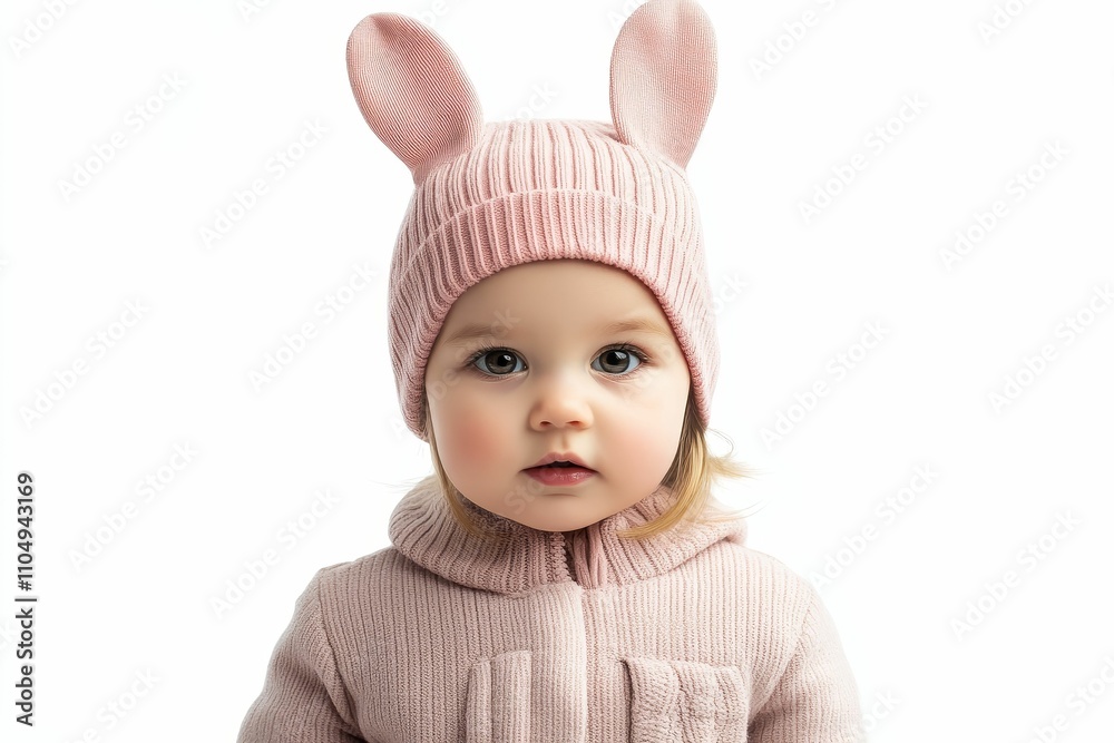 Adorable toddler, pink bunny hat, knitted sweater. Adorable toddler, pink bunny hat, knitted sweater.