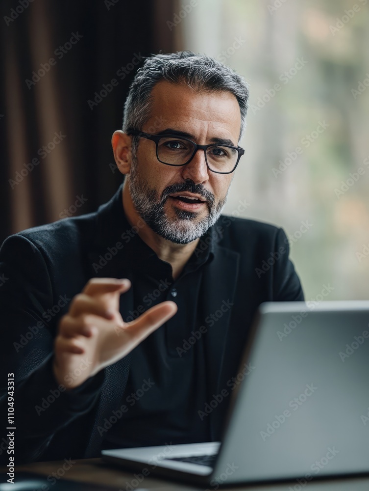 Mature business man executive coach talking using laptop computer having video conference call virtual meeting, professional training negotiation remote working doing online presentation in office.