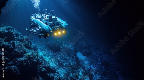 An underwater robotic research station studying marine life in the deepest ocean trenches, submersible drones exploring ocean ecosystems, Marine Biology style