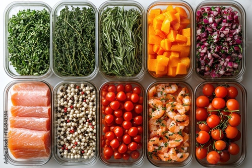 A set of pre-measured meal kit ingredients organized neatly in containers, reflecting convenience. photo