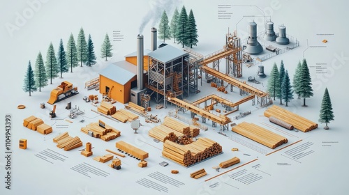 Fototapeta Naklejka Na Ścianę i Meble -  Isometric illustration of a wood processing factory with various wood products.