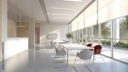 Spacious, minimalist business meeting room with white walls,