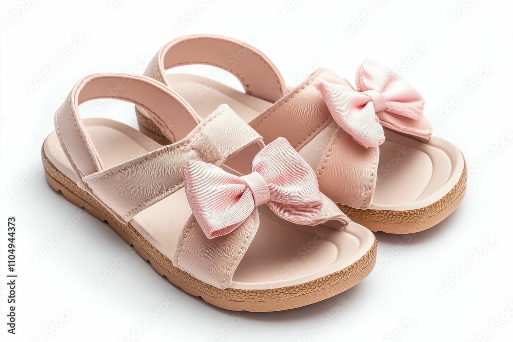 Pink sandals, bow accents, children's footwear. Pink sandals, bow accents, children's footwear.