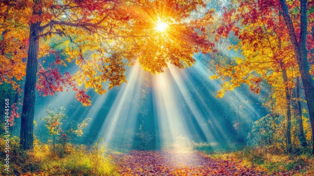 Fototapeta premium Sunlight streaming through colorful autumn leaves in a forest,