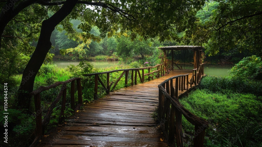 Fototapeta premium Serene Wooden Bridge Over Calm Waters Surrounded by Lush Greenery