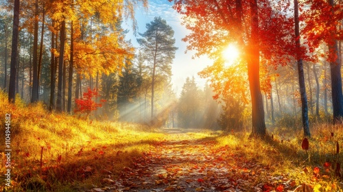 Sunlit autumn forest path surrounded by golden