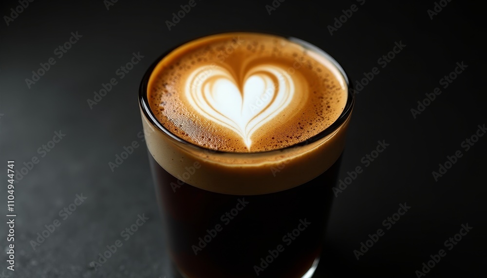 A heart-shaped latte on top of a black surface A heart-shaped latte on top of a black surface