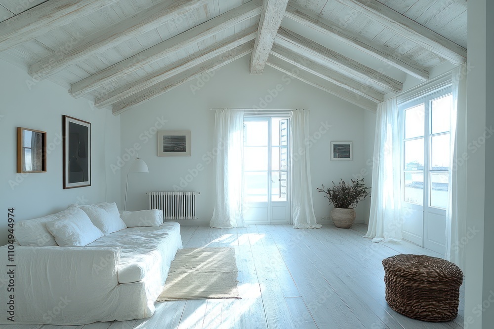 White Room With Exposed Wooden Beams And White Sofa White Room With Exposed Wooden Beams And White Sofa