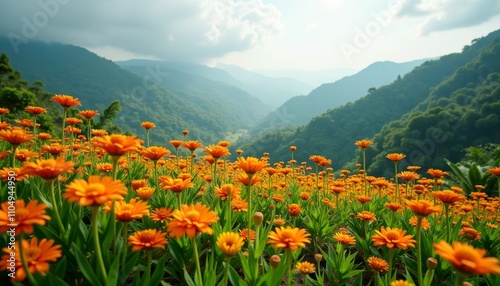 Fototapeta Naklejka Na Ścianę i Meble -  Mountainside meadow of vibrant orange flowers