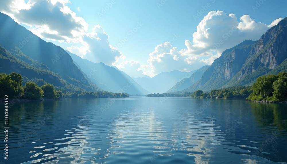 Peaceful lake reflecting mountains and sky Peaceful lake reflecting mountains and sky