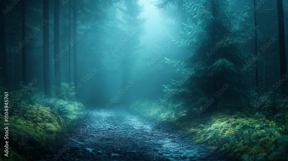 Obraz premium Mystical Nighttime Trekking in a Foggy Forest Landscape