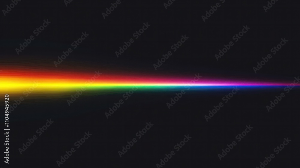 Elegant horizontal rainbow light flare on black background, minimalist design with sleek modern appeal