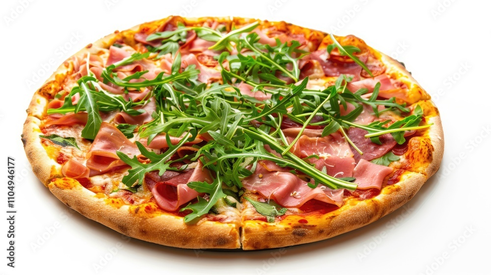 Pizza garnished with ham, arugula, and veggies on white backdrop Pizza garnished with ham, arugula, and veggies on white backdrop
