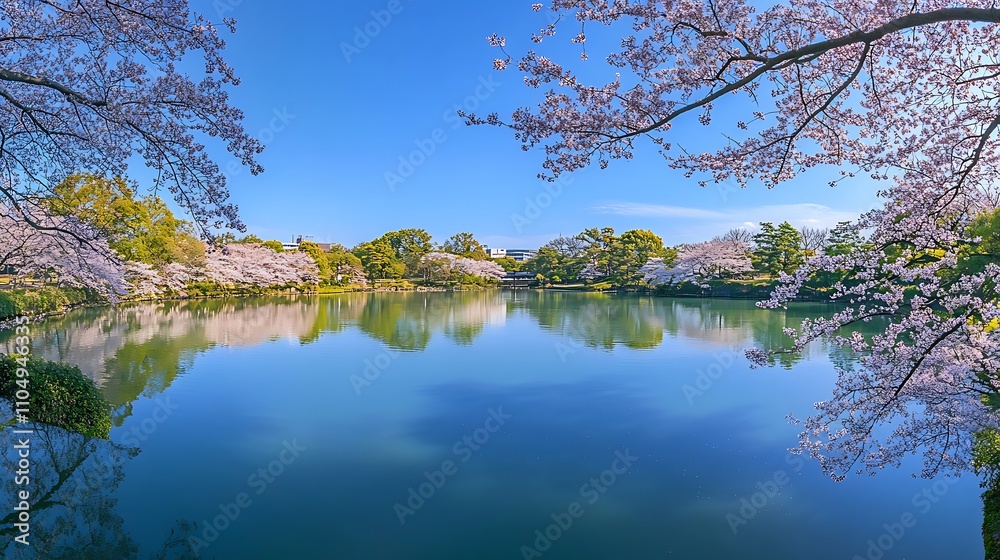 Idyllic view of a tranquil pond surrounded by vibrant cherry blossoms in full bloom Idyllic view of a tranquil pond surrounded by vibrant cherry blossoms in full bloom