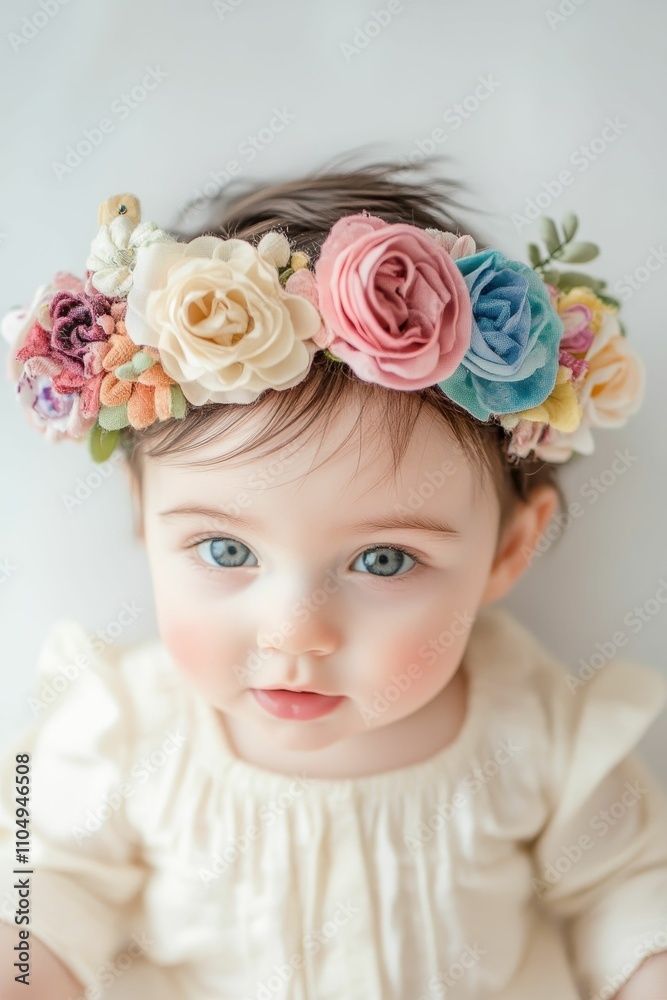 Infant wearing pastel floral crown, soft clothing. Infant wearing pastel floral crown, soft clothing.