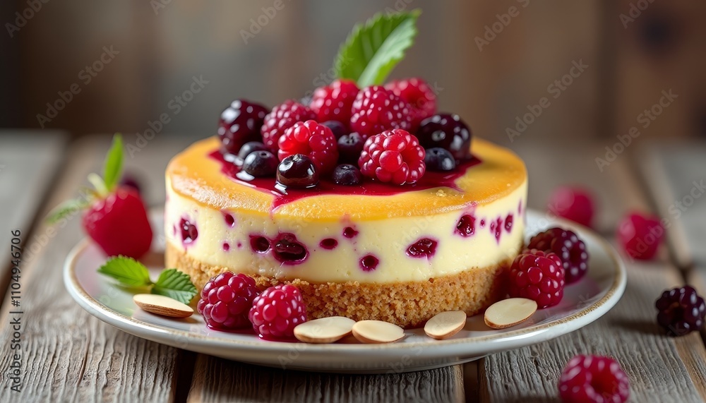 Delicious fruit tart with raspberries on a rustic wooden table Delicious fruit tart with raspberries on a rustic wooden table
