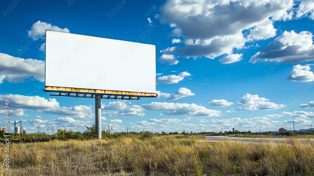 A blank billboard against a blue sky with white clouds. A blank billboard against a blue sky with white clouds.