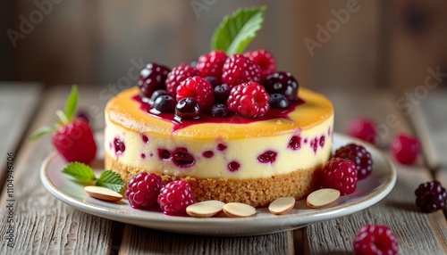 Delicious fruit tart with raspberries on a rustic wooden table