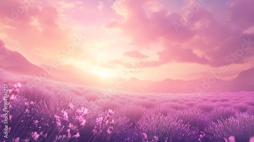 A dreamy view of lavender fields in full bloom under a soft purple and pink sunset sky