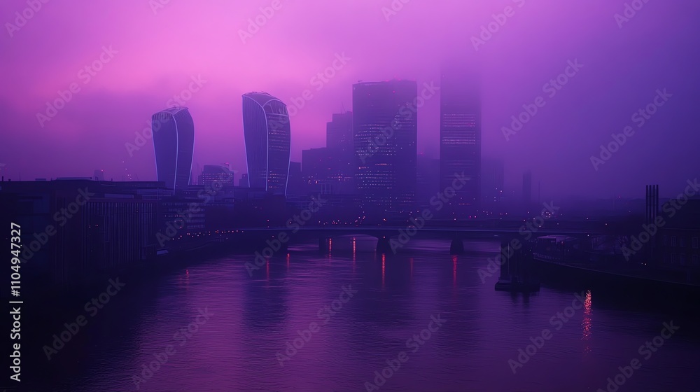 Fototapeta premium A city skyline with tall buildings at dusk.