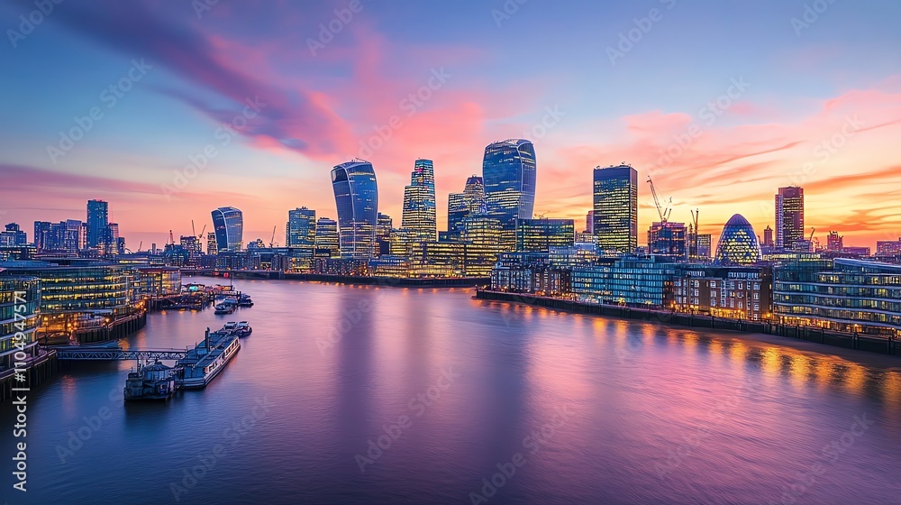 London skyline with skyscrapers at sunset. London skyline with skyscrapers at sunset.