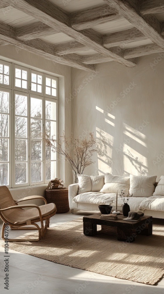 Fototapeta premium Sunlit Living Room With Neutral Decor And Wooden Beams