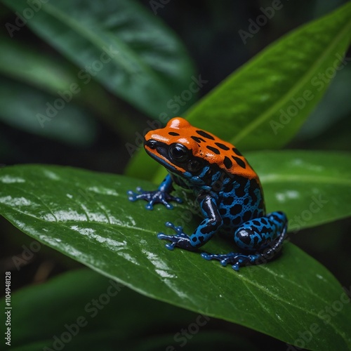 A tiny poison dart frog sitting on a lush green leaf in a rainforest. photo