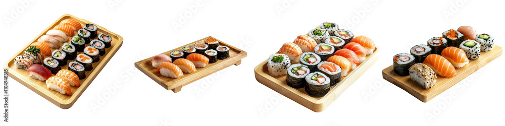 Sushi placed on a wooden tray, isolated on a white background. collection set png. Sushi placed on a wooden tray, isolated on a white background. collection set png.