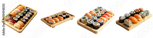 Sushi placed on a wooden tray, isolated on a white background. collection set png.