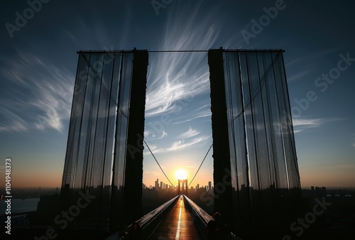 Sunrise Silhouette Over Brooklyn Bridge Framed By Curtains photo