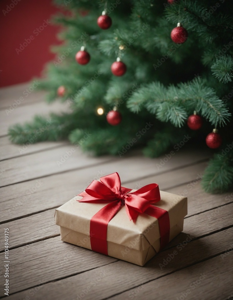 Christmas gift with red ribbon under festive tree Christmas gift with red ribbon under festive tree
