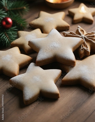 Star-shaped Christmas cookies with icing on rustic table