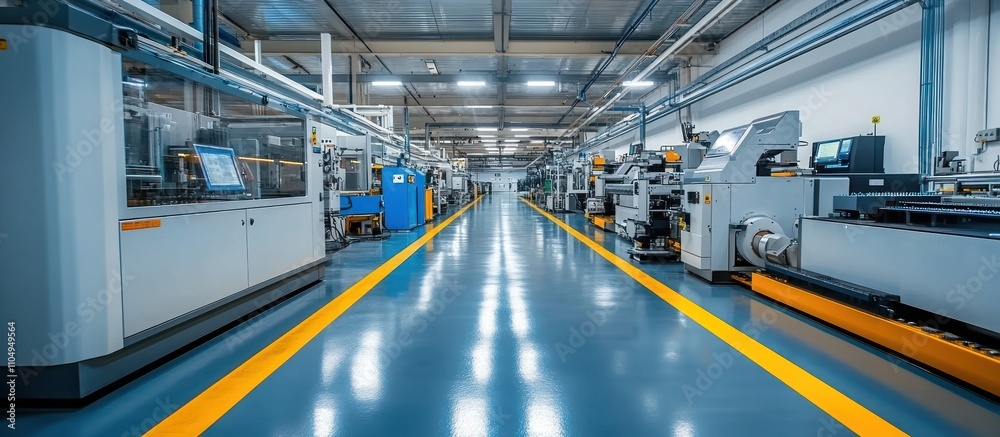 A view down a factory floor with industrial machinery lined on both sides and yellow lines on the floor. A view down a factory floor with industrial machinery lined on both sides and yellow lines on the floor.