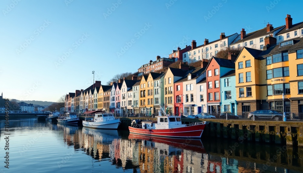 Obraz premium Colorful houses lining a marina on the waterfront with boats docked